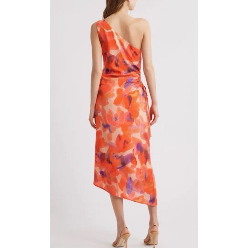 Chelsea28 Midi Dress L Large Purple Orange Pink Floral Linen One Shoulder - Picture 7 of 13